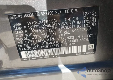 2025 Honda Hr-V 2Wd Ex-L from USA, damaged, VIN 3CZRZ1H75SM741565